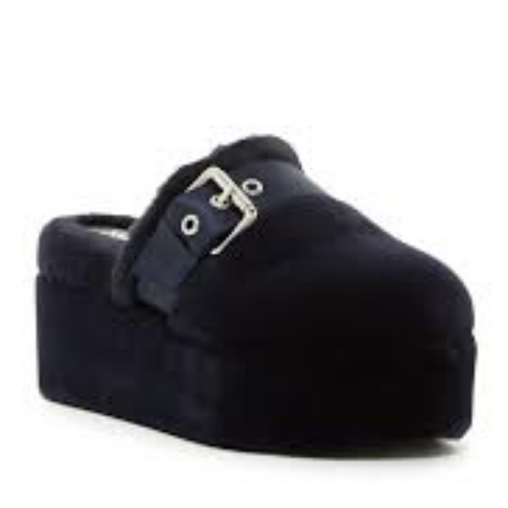 Shellys London Furry Faux Fur Platform Clog in Dark Blue  sz 36